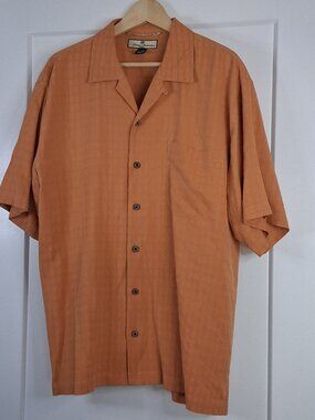 Tommy Bahama Mens L 100% Silk Camp Shirt Orange Salmon Jacquard Hawaiian Resort